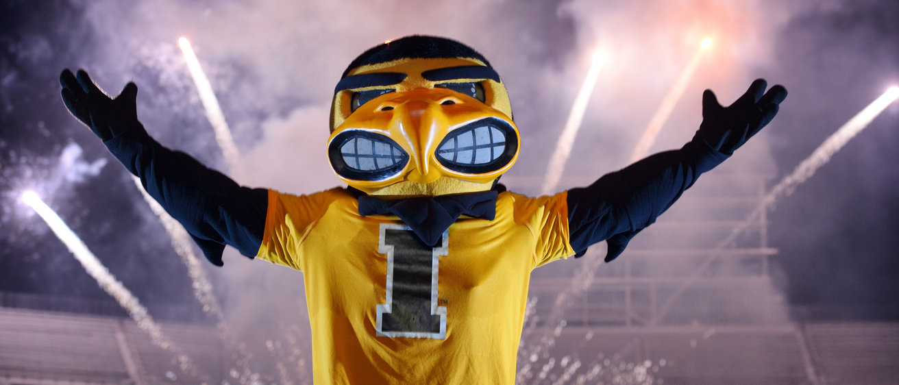 Herky with fireworks in the background